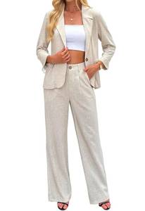 lot 4257 image: Womens Linen 2 Piece Outfits Blazer Suit Wide Leg Pantsuits Dressy Business Casual Work Jackets Sets Beige