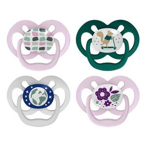 lot 4284 image: Dr. Browns Advantage Glow-in-the-Dark Baby Pacifier, Fully Symmetrical Soother with Soft Silicone Bulb, Scooter Squirrel-Purple Nature, 6-18m, BPA Free, 4 Pack