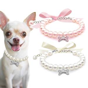 lot 4292 image: Casidoxi 2 Pcs Dog Cat Pearl Collar Necklace with Rhinestone Bone, Fancy Cat Wedding Collar Jewelry for Girl Cat Puppy Dogs Accessories(PinkWhite)