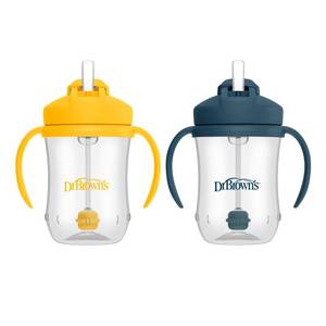 lot 4301 image: Dr. Browns Milestones Babys First Straw Cup, Training Cup with Weighted Straw, 9oz270mL, Dark BlueVintage Yellow, BPA Free, 6m, 2 Pack