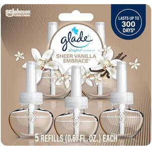lot 4310 image: Glade PlugIns Refills Air Freshener, Scented and Essential Oils for Home and Bathroom, Sheer Vanilla Embrace, 3.35 Fl Oz, 5 Count