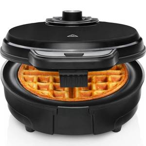 lot 6209 image: Chefman Anti-Overflow Belgian Waffle Maker wShade Selector, Temperature Control, Mess Free Moat, Round Iron wNonstick Plates & Cool Touch Handle, Measuring Cup Included, Black back latch cracked left side