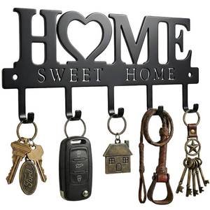 lot 6227 image: WIPHANY Entryway Wall Key Holder with 5 Hooks, Metal Key Rack Wall Mount for Keys, Bags and Leashes, Decorative Organizer for Entryway, Mudroom or Hallway, Sweet Home Design, 9.8 inches, Black