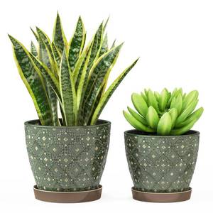 lot 6233 image: Docrin Dark Green Ceramic Planter Set - 6.65.5 Indoor Outdoor Pots with Drainage Holes & Saucers for Home Office Decor