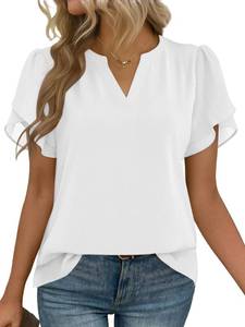 lot 6235 image: Zeagoo White Blouse Womens Dressy Casual Shirts Short Sleeve V Neck Work Outfits Business Casual Summer Chiffon Tops size L