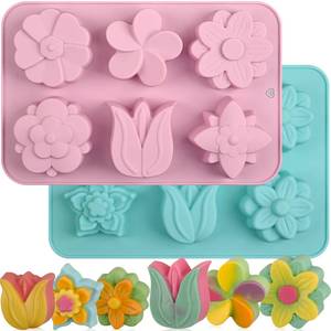lot 6243 image: Sakolla 6-Cavity Flower Soap Molds Silicone, 2 Pack Tulip Different Flower Shapes Silicone Molds for Soap, Lotion Bar, Bath Bombs, Chocolate, Candy Baking Molds Jelly, Ice Cube Tray
