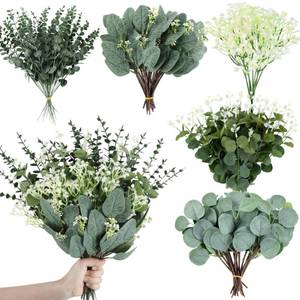 lot 6290 image: Consevisen 120 Pcs Eucalyptus Stems Artificial Flowers, 5 Kinds Mixed Faux Eucalyptus Leaves Greenery Stems Bulk for Wedding Bouquet, Table Centerpieces, Vase Floral Arrangements, Farmhouse Home Decor