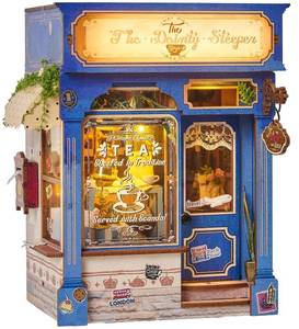 lot 6297 image: Book Nook Kit - DIY Miniature British Tea House, 3D Wooden Puzzle Dollhouse with LED Lights, Tiny Bookend & Creative Bookshelf Decor, Birthday Christmas Craft Hobbies Gift for FamilyFriends