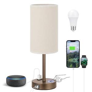 lot 6303 image: Fenmzee Touch Table Lamp - Beige, 3-Way Dimmable, USB A  C Charging, AC Outlet, 17.4inch Medium, Brown Metal Base