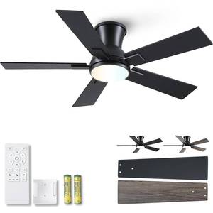 lot 11266 image: Modern Ceiling Fans with Lights - 42 inch Low Profile Ceiling Fan with Light and Remote, Flush Mount Reversible DC Motor, 6-Speed Quiet LED Dimmable for Bedroom, Indoor and Outdoor, Patios Black
