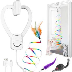 lot 11267 image: PANRIO Interactive Cat Toys for Indoor Cats, Automatic Hanging Door Feather Toy Mouse & Ribbon Wand Teaser,USB-Rechargeable Self Play Chase Exercise Feather Toys for Bored Indoor Adult & Kitten Cats