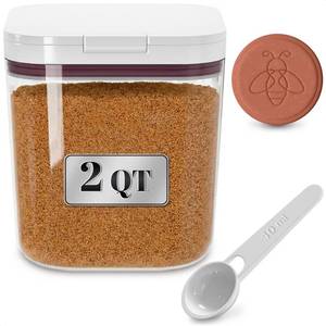 lot 11275 image: Brown Sugar Container Keeper with Lid & Spoon �� Airtight Clear Plastic Brown Sugar Canister with Moisture Disc �� 1-Button Easy Open Jar, Clump-Proof Soft & Fresh Storage with Silicone Seal, 2 Quart (Used)
