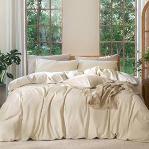 lot 11289 image: MooMee Bedding Duvet Cover Set 100% Washed Cotton Linen Like Textured Breathable Durable Soft Comfy (Heathered Almond Milk Grey, King 104x90)