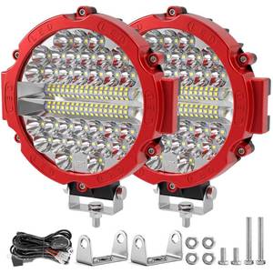 lot 11306 image: 7 INCH Round LED Light Bar MUVKQC 201W Off-Road Driving Lights 21000lm LED Work Lights Pod with Wiring Harness for Pickup SUV ATV UTV Trucks Tractor (2PCS 201W Red1 Set 2-Lead Wiring Harness)