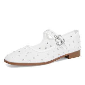 lot 11315 image: White Mesh Ballet Flats for Women Rhinestone Mary Jane Flats with Strap Sparkly Square Toe Embellished Flats Comfortable Casual Dress Ballerina Flat Shoes Size 7.5