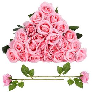 lot 11326 image: Ovveroche 24 Pcs Pink Rose Artificial Flowers with Long Stem Real Touch Silk Plastic Bouquet Pink Roses Bulk for Wedding Party Table Centerpieces Festival Decorations