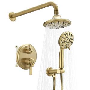 lot 11338 image: BWE Brushed Gold Shower System Modern Shower Faucet Set Including 5 Function Rain Shower Head and 5 Setting Handheld Spray Batroom Shower Fixtures with Shower Valve Kit