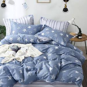 lot 11352 image: LEMIROE Blue 100% Cotton Duvet Cover Queen Size 3PC - White Doodle Style Stars on Denim Blue Front, Gray Stripes on Back, Starry Bedding Set with Button Closure (90�90)
