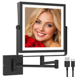 lot 11366 image: Ruacq Rechargeable Wall Mounted Makeup Mirror with Lights, Double Sided 1X10X Magnifying Vanity Mirror with 3 Color Lighting, Touch Screen Dimmable, 360° Rotation Extension Foldable Arm(Matte Black)