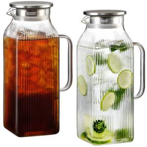 lot 11372 image: Snuvid 2 Pack 2 Liter68 oz Square Glass Pitcher with Lid, Classic Stripes Water Pitchers with Handle for Fridge, Large Jug for Iced Tea, Borosilicate Glass Carafe for HotCold Brew Drink, Silver