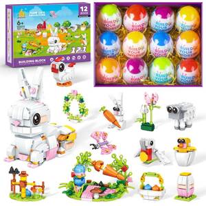 lot 11374 image: Easter Bunny Building Toy Set, Easter Gifts for Kids - 12-in-1 Rabbit Building Block with Prefilled Eggs, Includes Chick, Sheep, Carrot, Flower, Easter Basket Stuffers & Decorations for Boys Girls 6
