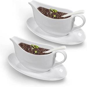 lot 11383 image: Qlans Gravy Boat With Ladle and Saucer 17 Oz,Ceramic Sauce Boat with Tray for Salad Dressings Milk,Warming Sauces,Creamer,Broth,Black Pepper,White (2 PCS New Gravy Boat With Ladle and Saucer)