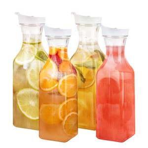 lot 11393 image: GUSTO 50 oz - 4 Pack Plastic Carafe with Lid, Large Capacity Square Base - Clear Pitcher with Flip Top Lid, Easy-Pour Spout Juice Containers with Lids, Hand Wash Only - Perfect for Mimosa Bar