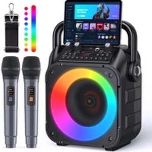 lot 11394 image: Karaoke Machine, Portable Bluetooth Speaker with 2 Wireless Microphones for Adults & Kids with Lights, Karaoke Microphone with PA System Supports USBTFRECFMAUX for Home Party Home System Packages (No Strap)