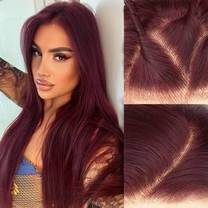 lot 11401 image: AISI HAIR 13x4 HD Lace Front Wig Burgundy Pre Plucked With Baby Hair Straight Glueless Synthetic Wigs for Women 28inch Beginner Friendly