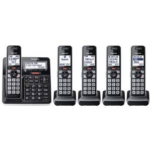 lot 11407 image: Panasonic Cordless Phone with Advanced Call Block, Link2Cell Bluetooth, One-Ring Scam Alert, and 2-Way Recording, Answering Machine, 5 Handsets - KX-TGF975B (BlackSilver Trim)