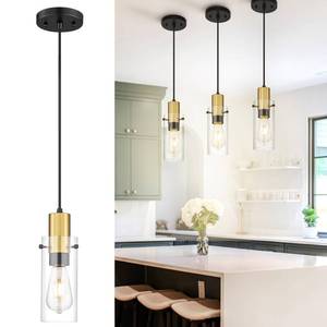 lot 11411 image: Emak Modern Black and Gold Pendant Lights Kitchen Island, Mini Farmhouse Pendant Light with Clear Glass Shade for Bedroom, Kitchen, Dining Room, PL120-BKBGD