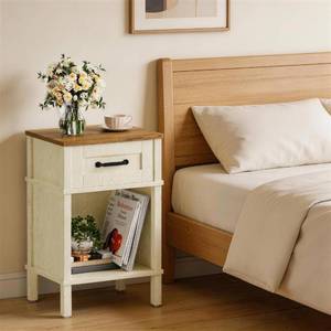 lot 11412 image: YAUKTAK White Farmhouse Nightstand with Drawer, Small Wooden Bedside Table, White End Table, Bedroom Side Table with Storage, Rustic Wood Night Stand LET512WR
