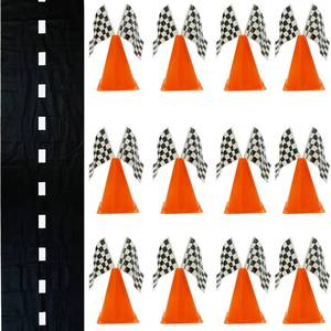 lot 11413 image: 4Es Novelty 38 Pieces Set - 12 Traffic Cones With Hole on Top, 24 Checkered Flags, Racetrack Floor Runner - for For Race Car Birthday Party Supplies, Table Centerpiece Decorations Kids Gift