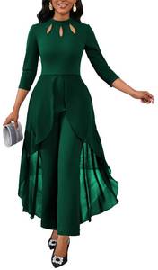 lot 11431 image: Bttup Green Jumpsuit for Woman Dressy Crew Neck Long Sleeve Hight Waist One Piece Jumpsuit Elegant Casual Straight Long Pants Wide Leg Pants