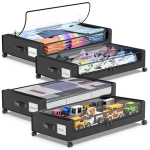 lot 11438 image: Molutsody Under Bed Storage with Wheels, 4-Pack Underbed Storage Containers with Clear Lids, Under Bed Shoe Storage Organizer, Rolling Under Bed Storage for Clothes Shoes Blankets (Black)