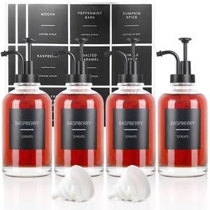 lot 11439 image: 4PCS Coffee Syrup Dispenser, Glass Syrup Dispenser for Coffee Bar w. Labels and Pump, 16.9 oz 500ml Syrup Pump Dispenser, Coffee Bar Accessories Simple Syrup Bottle w. Pump, Ideal Gift