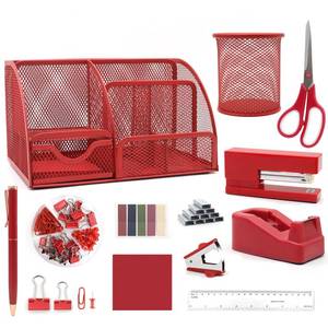 lot 11443 image: 12 in 1 Red Desk Organizers and Accessories, Office Supplies Set Gifts for Coworkers, Office Supplies Include Stapler Pen Holder Tape Holder Staples Scissors Ruler Staple Remover for Home School