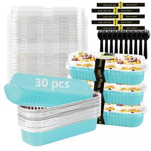 lot 11446 image: Orlashop Mini Loaf Pans with Lids and Spoons Sealing Sticker,30 Pcs 6.8oz Cake Pans for Baking Disposable Aluminum Foil Christmas Cake Pan (30 Pcs Blue)