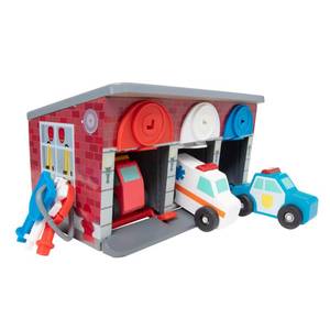 lot 11470 image: Melissa & Doug Toy Keys and Cars Wooden Rescue Vehicles and Garage (7 pcs) Toddler Pull Back Toys, Toy Garage for Kids Ages 3