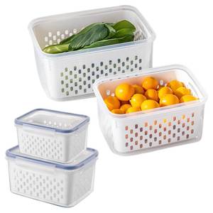 lot 12043 image: Trenqular 2-Pack Refrigerator Storage Containers with Removable Colander Baskets, Fridge Organizer Box for Fruits Vegetables, Keep Fresh & Tidy, Space Saving Kitchen Food Storage Container Set (Missing One)