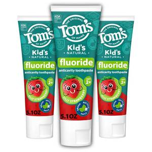lot 12054 image: Toms of Maine Fluoride Kids Toothpaste, Natural Toothpaste, Dye Free, No Artificial Preservatives, Silly Strawberry, 5.1 oz. 3-Pack (Packaging May Vary)