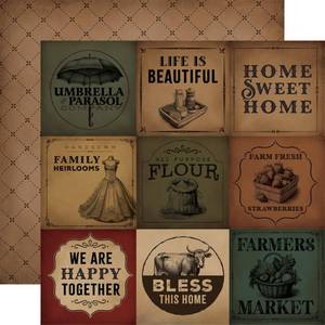 lot 12114 image: Echo Park Paper Vintage Market 4x4 Journaling Cards 12x12 Patterned Paper, Various