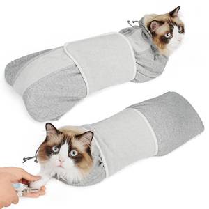 lot 12140 image: Supet Cat Grooming Wrap for Cutting Nails, Self-Adhesive Anti-Scratch Swaddle with Bite-Proof Mesh Hood & Thick Waist Strap Anti-Escape Bag for Nail Trimming, Medication, Ear Cleaning (Grey S)