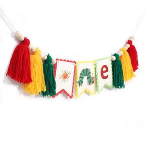 lot 12148 image: Hungry Caterpillar One High Chair Banner - Fruit Theme Decorations, Very Hungry Caterpillar 1st Birthday, Kindergarten Decorations Banner, One Year Old Party Background Photo Props (Caterpillar Tassel)