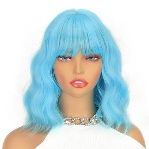 lot 12175 image: LINGHANG Light Blue Wig with Bangs Short Blue Wavy Wigs for Women Natural Curly Shoulder Length Colorful Wigs for Cosplay Daily Use