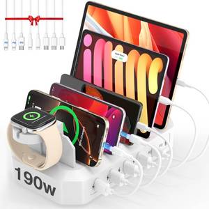 lot 12180 image: 2026 Upgrade 190W Fast Charging Station for Multiple Devices��Certified Safer Charging�� 6 Port USB Charger Station - Multi-Device Charging Dock with PhoneMacBookiPadTablet (8 Mix Cables Included)