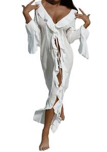 lot 12187 image: NRTHYE Women Mesh Long Flowy Kimono Cardigan Sexy Sheer Long Sleeve Ruffled Chiffon Duster Robe Summer Beach Cover Up
