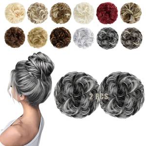 lot 12213 image: FeidyLong 2 PCS Messy Bun Hair Piece Wavy Curly Scrunchies Synthetic Chignon Ponytail Hair Extensions Thick Updo Hairpieces for Women Girls(Natural Black Mix Silver Grey)