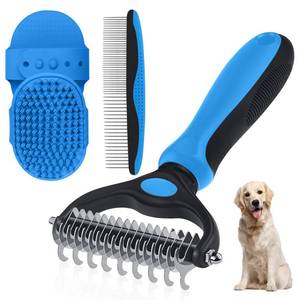 lot 12226 image: Double-Sided Pet Grooming Rake - 4-in-1 Professional Pet Grooming Kit, Deshedding Dematting Tool for Dogs, Cats, Extra-Wide Grooming Brush & Deshedder Comb for Long and Short Haired Pets (4PCS Blue)