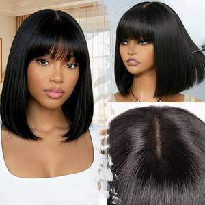 lot 12236 image: ZHENGON Bob Wig with Bangs Human Hair 200 Density Glueless Wigs Ready to Wear Beginner Friendly 3x1 HD Lace Short Wigs for Women Natural Black 12 Inch